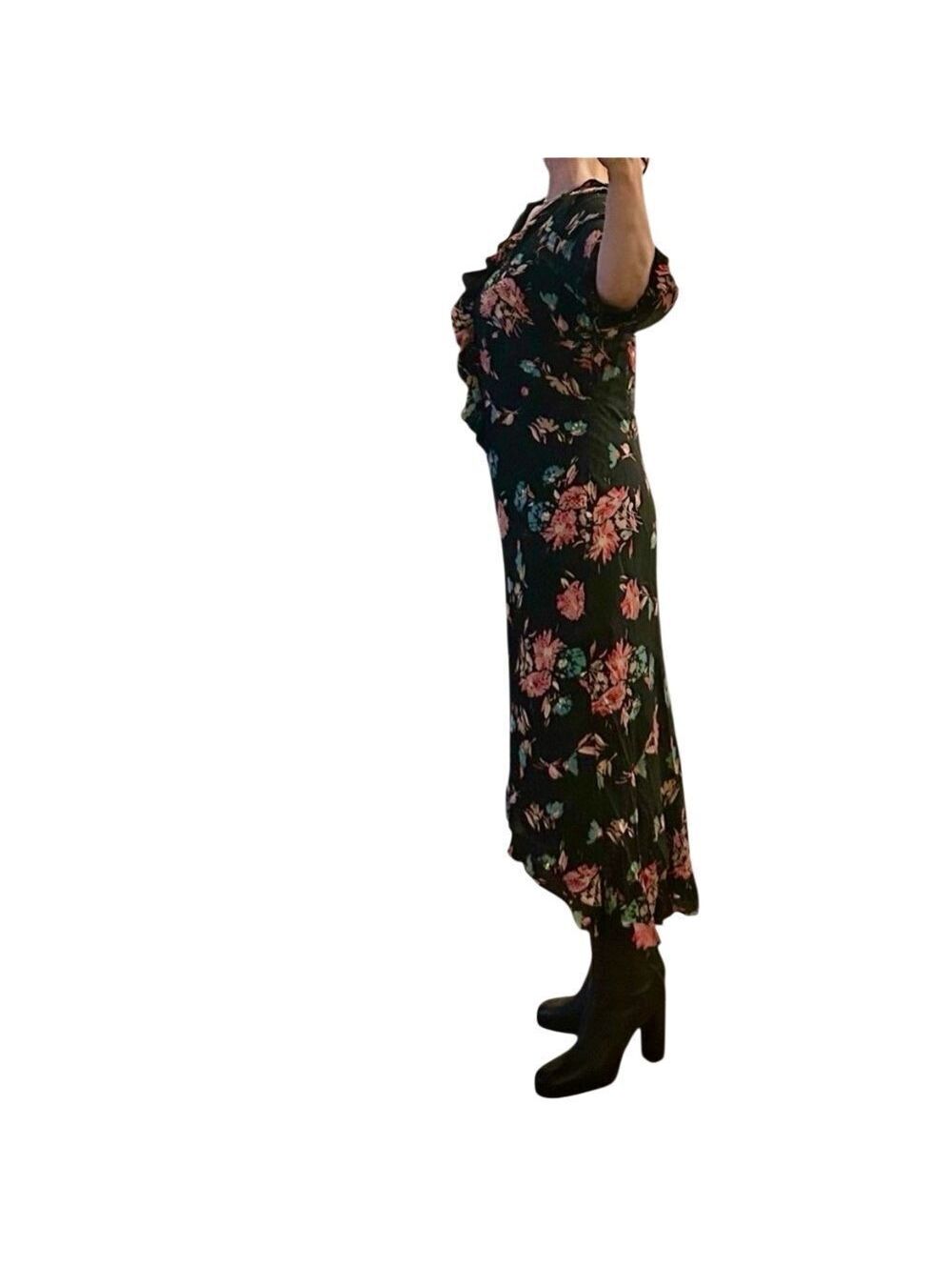 Silk Boho Whimsigoth Chiffon Black Floral Beaded Ruffle Cut Maxi Dress 14 XL